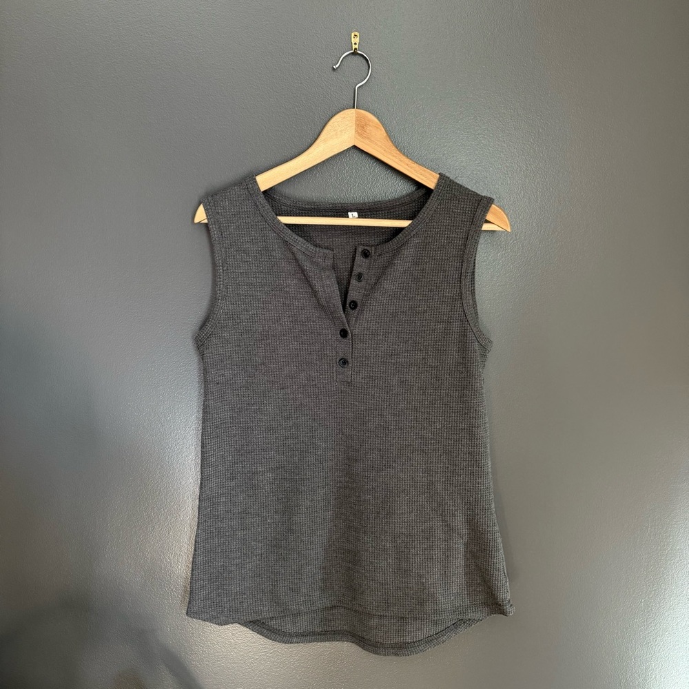 Women Thermal Button Sleeveless Gray Tank Muscle Top Size Large